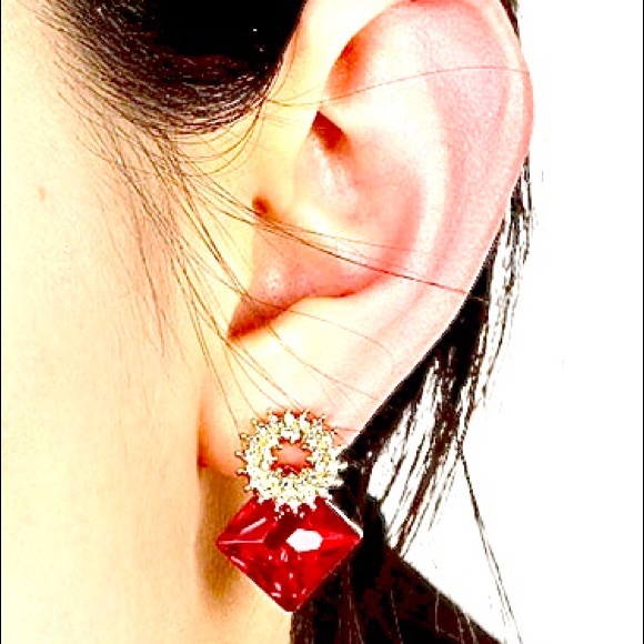 Red Glass Gem Rhombus White Rhinestone Circle Stud Statement Earrings Christmas - Picture 3 of 4